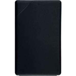 A black rectangular packaging item with a smooth surface, featuring a logo on one side.