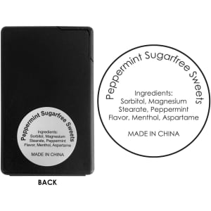 A black card containing sugar-free peppermint sweets with a round label listing ingredients.