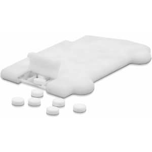A truck-shaped mint card in white with several small white mint tablets beside it. Features branding on the card.