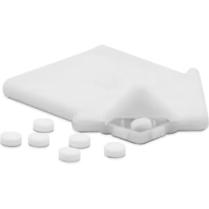 A house-shaped mint card in white, with several round white mints scattered around it.