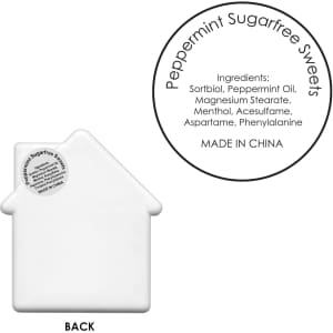 A white house-shaped mint card with a logo and ingredients listed, featuring peppermint sugar-free mints.