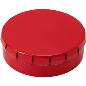 A red mint tin with a hinged lid and decorative notches around the edge. Contains mint confectionery.