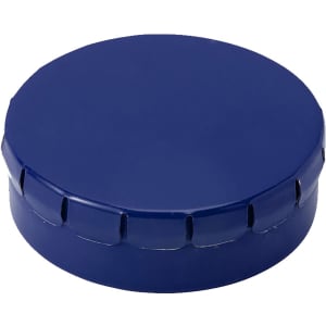 A deep blue mint tin with a rounded lid, featuring a textured edge. The tin has a logo on the top.