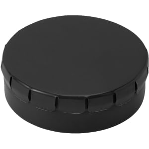 A black mint tin with a round shape and a textured lid. It includes a logo.