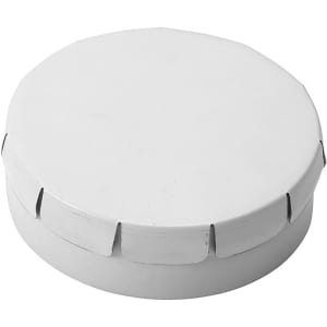 A white round mint tin with a secure lid and a simple design, featuring a logo on the surface.