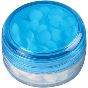 A screw lid mint jar with a transparent base and a blue lid, containing round white sugar-free mints.