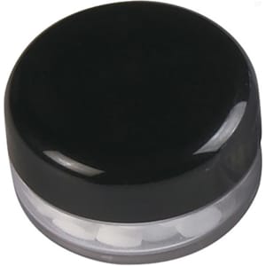A black screw lid jar with a clear base containing sugar-free lollies. The jar has a simple design and a logo.