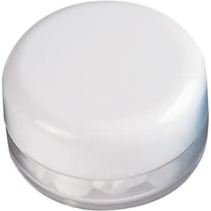 A screw-lid mint jar with a white top and clear body, containing sugar-free lollies.