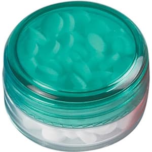 A screw lid mint jar with a clear base and a teal lid, containing small white sugar-free lollies.