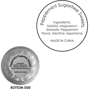 A clear screw lid jar containing sugar-free peppermint sweets, featuring a white lid and a circular base.