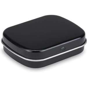 A rectangular black mint tin with a silver trim, featuring a rounded edge design and a hinged lid.