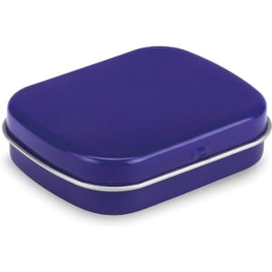 A rectangular mint tin in a vibrant purple colour with a silver rim, featuring a smooth, glossy finish.