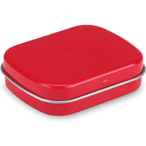 A rectangular red mint tin with a silver rim, designed for confectionery mints.