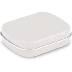 A rectangular mint tin in a sleek white finish with rounded edges. The tin has a lid and features branding.