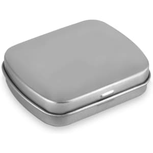 A silver rectangular mint tin with a smooth, shiny surface and a hinged lid, featuring a logo.