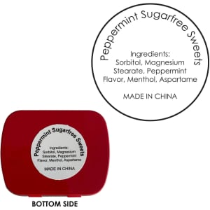 A red rectangular mint tin containing sugarfree peppermint sweets, with an ingredient label on the underside.