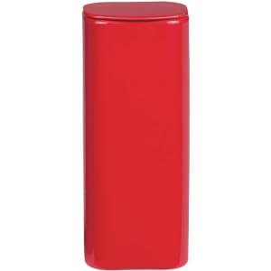 A red flip-top mint tin with a sleek, glossy finish, featuring a small logo on the front.