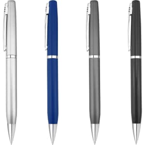 A set of four metal pens in silver, blue, grey, and black, featuring a sleek design and a logo.