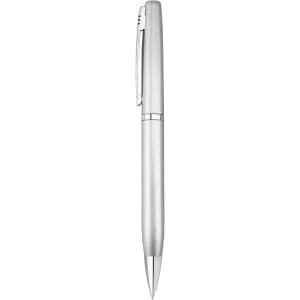 A metal pen in silver, showcasing a sleek and modern design, with a clip and pointed tip.
