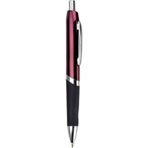 A metal pen in burgundy and silver, featuring a black grip and a logo on the body.
