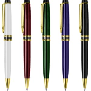 A set of metal pens in white, burgundy, green, navy, and black, featuring gold accents and clips.