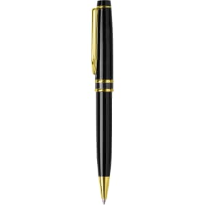 A metal pen in black with gold accents and a clip, features a sleek, polished design.