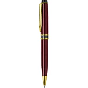 A metal pen in a deep red finish with gold accents and a clip, featuring a logo.