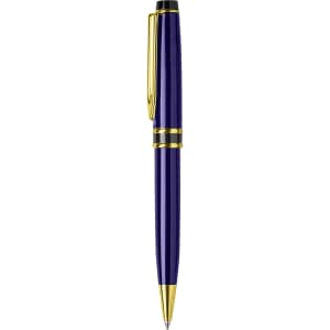 A metal pen in a rich purple colour with gold accents and a clip. It features a branding logo.
