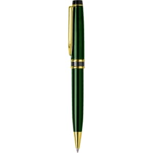 A green metal pen with gold accents and a sleek design, featuring a logo on the body.