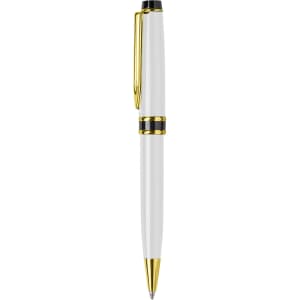 A metal pen in white with gold accents, featuring a clip and a black tip, displayed against a plain background.