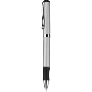 A silver metal pen with a black grip and clip, featuring a branding logo.