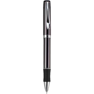 A metal pen in sleek silver with a black grip. The pen features a shiny finish and has a branding logo.
