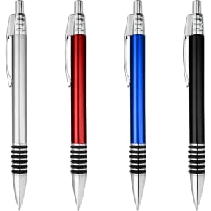 A set of four metal pens in silver, red, blue, and black, each featuring a logo and a textured grip.