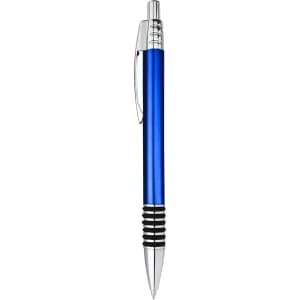 A blue metal pen with a shiny chrome tip and grip, featuring a logo on the barrel.