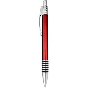A metal pen in a glossy red finish with silver accents and a textured grip. It features a branding logo.
