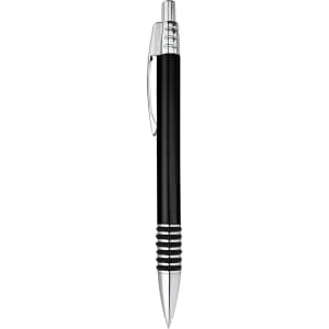 A black metal pen with a chrome clip and accents, featuring a textured grip section and a sleek design.