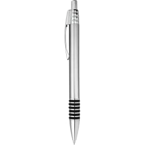A silver metal pen with a black grip and clip, featuring a polished finish and a logo.