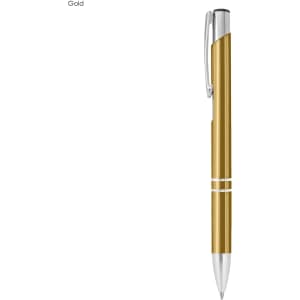 A gold metal pen with a shiny finish and silver accents, featuring a clip and a logo.