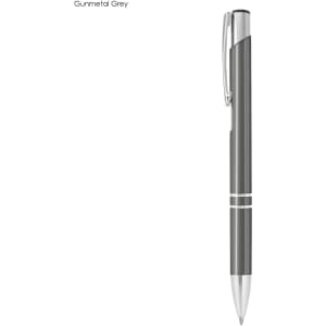 A metal pen in gunmetal grey with silver accents and a clip. It features a sleek design and a branding logo.