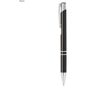 A black metal pen with a silver clip and accents. It features a sleek and modern design.