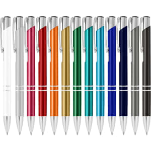 A collection of metal pens in various colours, including blue, green, red, and silver, with a shiny finish.