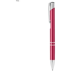 A pink metal pen with silver accents and a clip, featuring a sleek design and a logo.