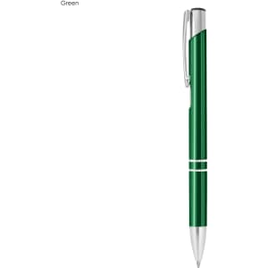 A green metal pen featuring a sleek design with silver accents and a clip, showcasing a logo.