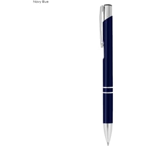 A navy blue metal pen with a silver clip and accents, featuring a logo.