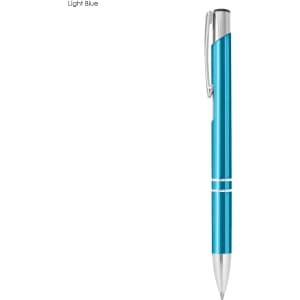 A light blue metal pen with a silver clip and trim details, featuring a branding logo.