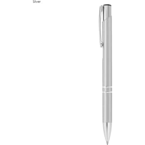 A shiny silver metal pen with a sleek design, featuring a clip and a branding logo.