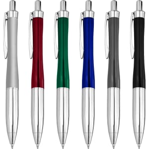 A collection of six metal pens in silver, red, green, blue, grey, and black, each featuring a shiny chrome clip.