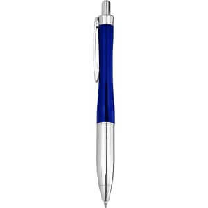 A blue metal pen with a shiny silver clip and tip. Features a smooth, ergonomic design.
