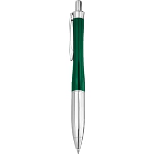 A green metal pen with a shiny silver clip and barrel. It features a sleek and elegant design.