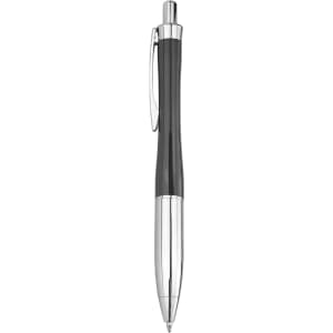 A metal pen in black with silver accents, featuring a clip and a sleek design.